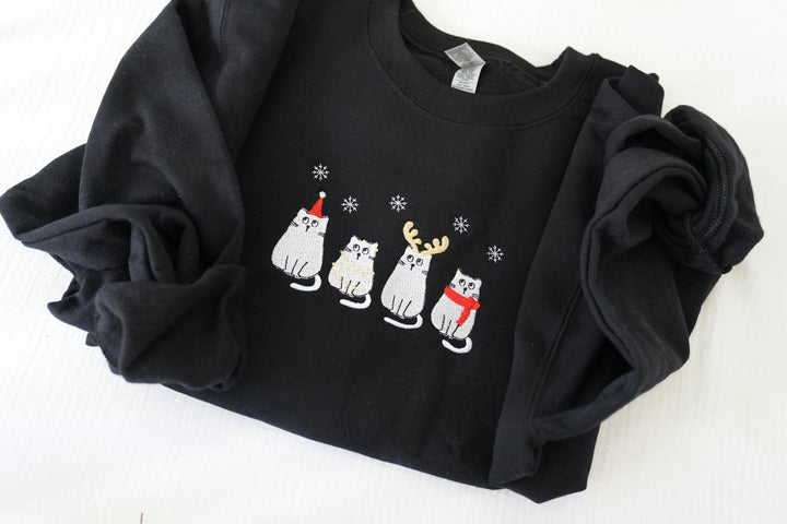 Embroidered Christmas Cats Sweatshirt, Christmas Sweater for Women, Christmas Kitty Crewneck, Meowy Christmas Sweatshirt, Vintage Sweatshirt