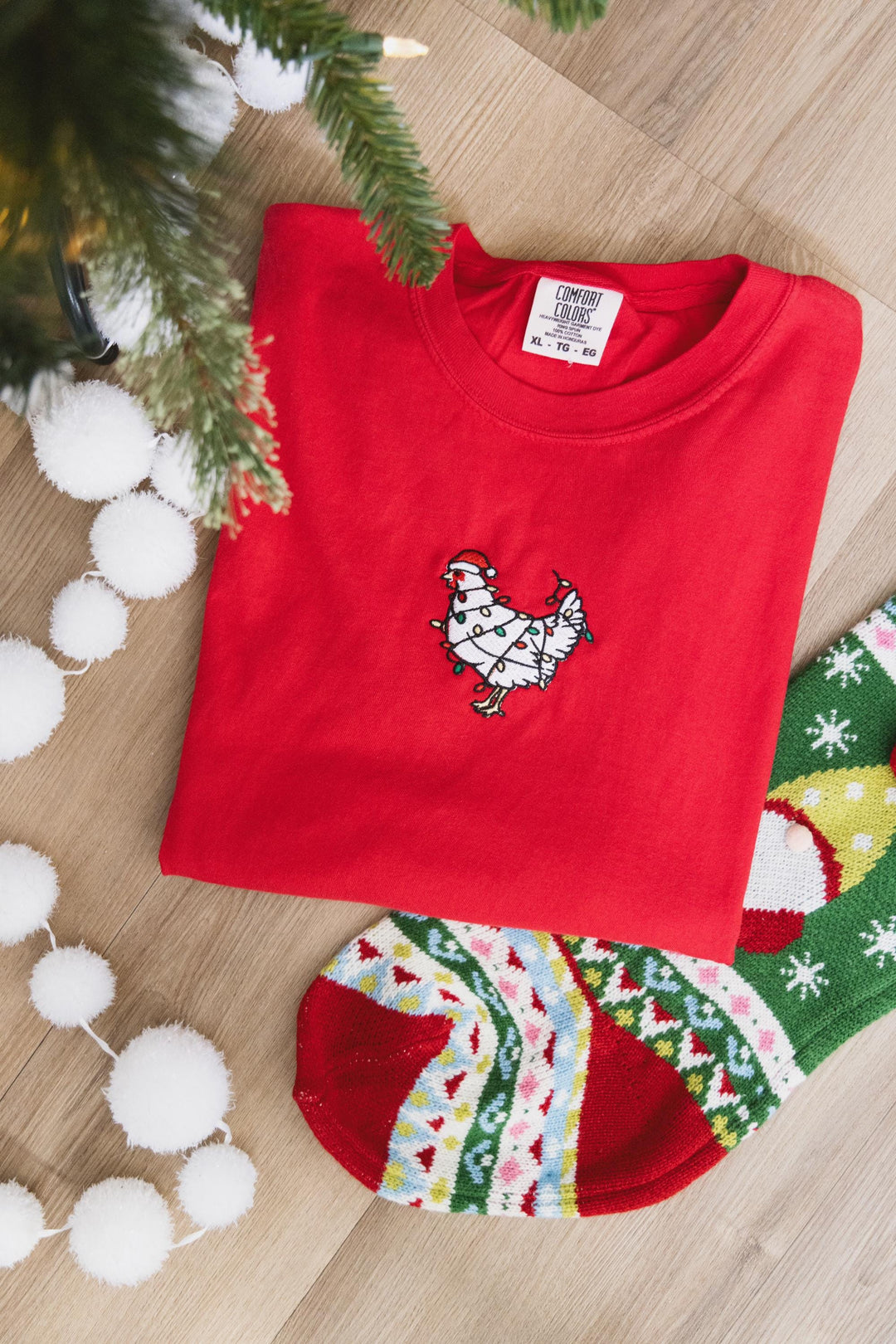 Embroidered Christmas Chickens Shirt, Cute Chicken Farm Animals Holiday Shirt, Trendy Comfort Colors Animal Farmer Gift Holidays Crewneck