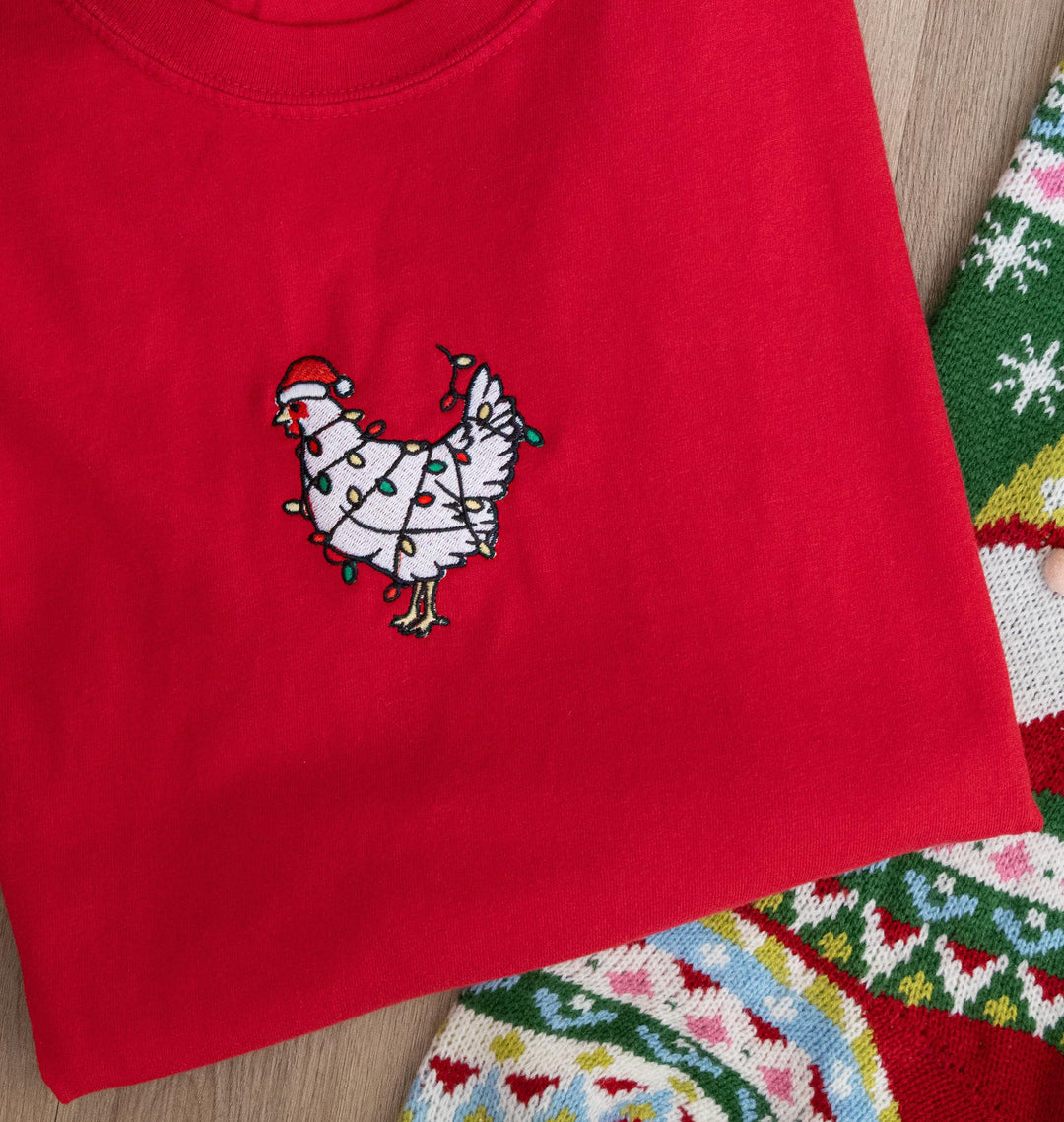 Embroidered Christmas Chickens Shirt, Cute Chicken Farm Animals Holiday Shirt, Trendy Comfort Colors Animal Farmer Gift Holidays Crewneck