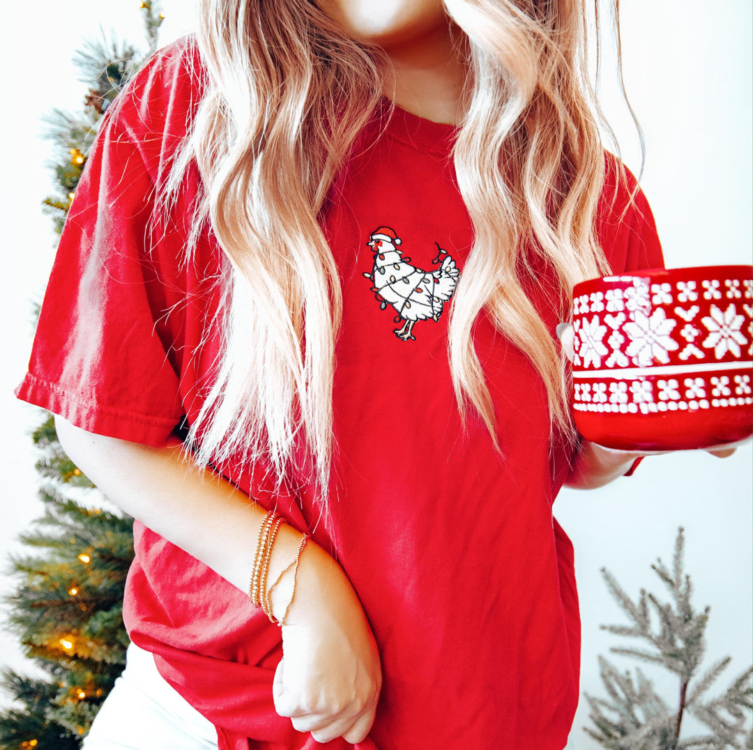Embroidered Christmas Chickens Shirt, Cute Chicken Farm Animals Holiday Shirt, Trendy Comfort Colors Animal Farmer Gift Holidays Crewneck
