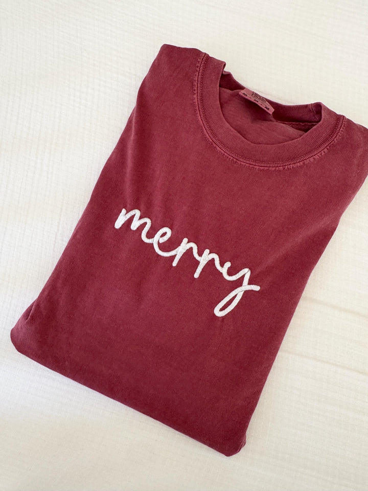 Embroidered Merry Comfort Colors Tee, Embroidered Ultra Soft Xmas Tee, Christmas TShirts, Short Sleeve Shirt